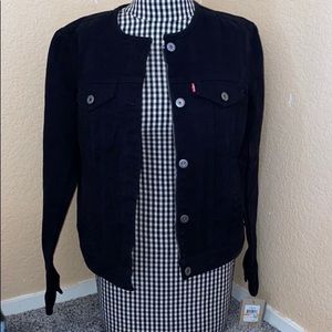 Black denim jacket collarless NWT